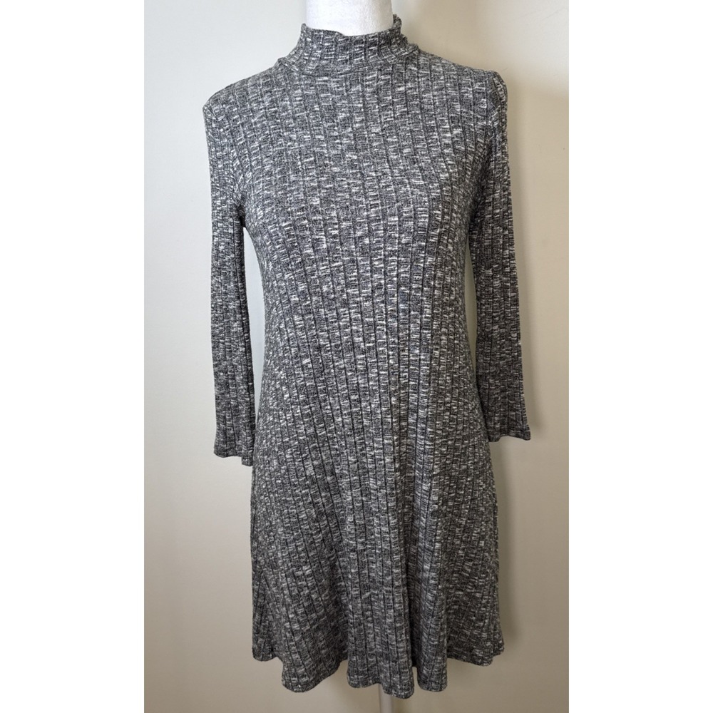 Michael Stars Dress Small Gray Ribbed Stretch Mock Neck Fit Flare Lined Preppy S